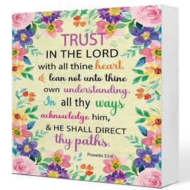 Proverbs 3:5-6 Trust in The Lord with All Your Heart Wooden Sign Desk Decor,Bible Verse Wood Block Sign Desk Decorations for Christian Home Bedroom Girls Room Office Shelf Table Decor