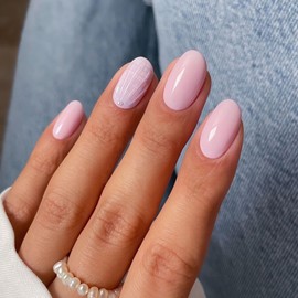 Short Almond Press on Nails SWEKKE Baby Pink Fake Nails False Nails with Designs Pearls Charms Shell Embossed Glossy Glue on Nails Stick on Nails Acrylic Nails for Women Girls 24 Pcs