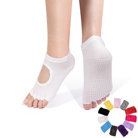 ZenBeya Open Toe Pilates Socks, Yoga Socks with Grips for Women, Non-Slip Slipper Toeless Socks for Pilates, Barre, Ballet, Bikram, Workout, Gym, Sports, White