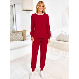 MASCOMODA 2024 Lounge Sets for Women Fall 2 Piece Outfits Tracksuit Jogger Set Long Sleeve Tops and Long Pants with Pockets, Red, X-Large