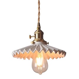 Qufute Ceramic Pendant Light fixture White Hanging light Vintage Modern Pendant Lights Scalloped Ceramics Shade Gold Brass Hanging Lights Adjustable Cord Ceiling Hanging Lamp Kitchen Island