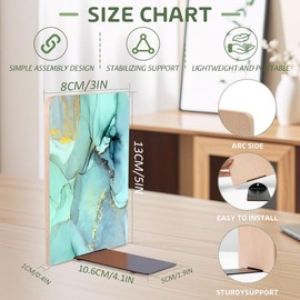 Wood Bookends Non-Slip Bookends Book Stand for Shelves Books/CD - Teal Marble Gilt