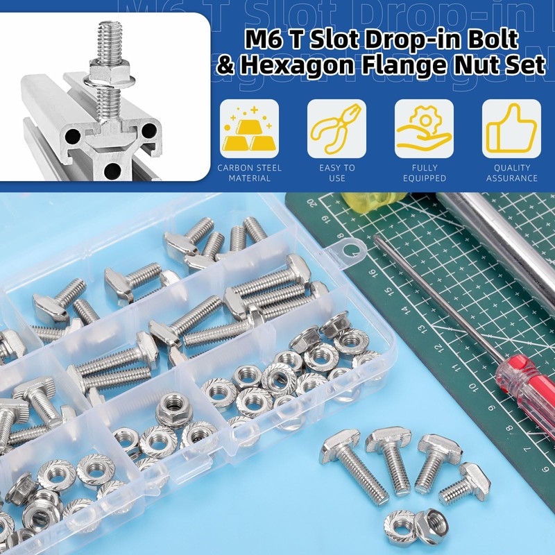 Glarks 80pcs M6 T Slot Drop-in Bolt with Hexagon Flange