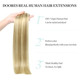 DOORES Seamless Clip in Hair Extensions Real Human Hair, Light Blonde Highlighted Golden Blonde 16 Inch 110g 7pcs, Human Hair Extensions Seamless Invisible PU Weft Hair Invisi Edge Hair Extensions