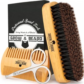 Beard Brush for Men & Beard Comb Set w/Mustache Scissors Grooming Kit, Natural Boar Bristle Brush, Dual Action Wood Comb, and Travel Bag Great for Christmas Gift