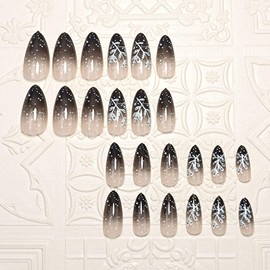 Christmas Press on Nails Almond Fake Nails Nude False Nails with White Wave Point Snow Elk Grass Designs Gradient Black Nails Press ons French Tips Manicure Accessories Supplies for Women Girls 24Pcs