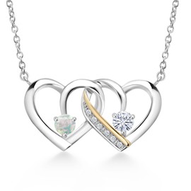 Gem Stone King 925 Silver and 10k Yellow Gold White Opal and White Moissanite Necklace Set