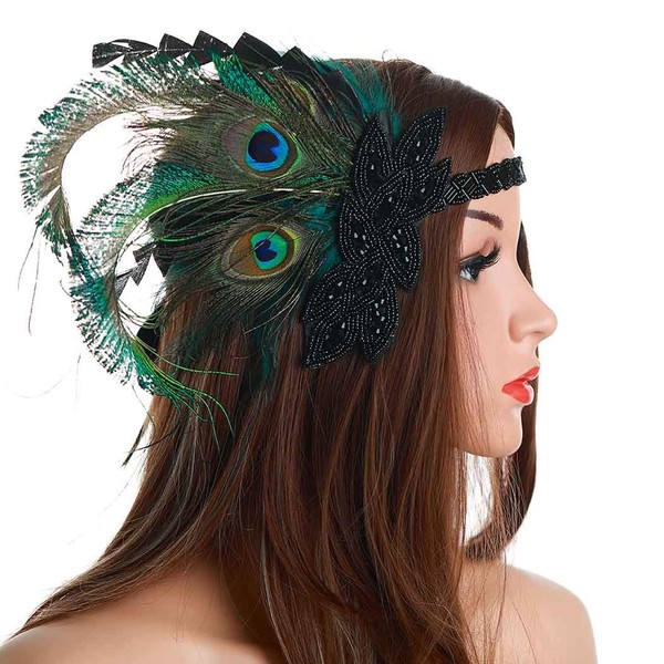Asooll Art Deco 1920's Flapper Feather Peacock Headband Elegant Gatsby Pearl Tassel Headband Prom Hair Accessories for Women and Girls
