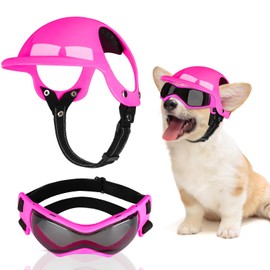 SlowTon Pet Dog Helmet Goggles Set, Dust Wind UV Protection Dog Sunglasses, Pet Motorcycle Helmet Drop Resistant Hard Safety Hat with Ear Holes & Adjustable Belt, Eye Head Protection for Biking Riding