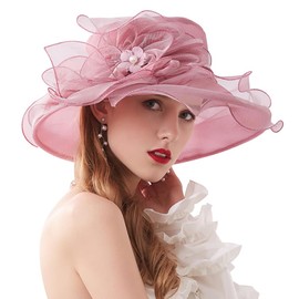 DRESHOW Women Organza Fascinators Hat Church Cap Hats Cocktail Tea Party Wedding Bridal Flower Hat with Wide Brim