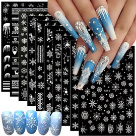 Snowflake Nail Art Stickers 10 Sheets Christmas Nail Decals 3D Winter Nail Supplies Self-Adhesive White Glitter Design Snowflake Nail Sticker Xmas Reindeer Nail Sticker for Women Girl New Year Nail