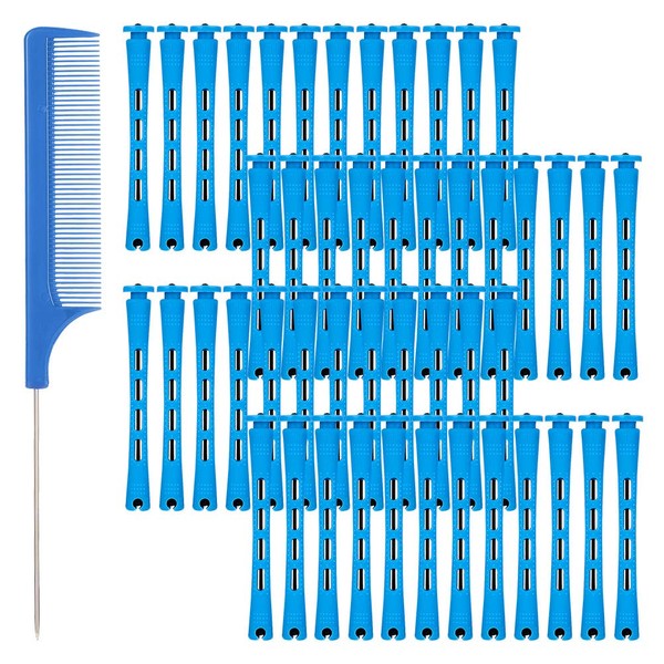 48 PCS Hair Perm Curlers Hair Perm Rods Hair Rollers Plastic Perming Rods with Steel Pintail Comb Cold Wave Rods for Salon Home Hairdressing Styling Tools (Blue)