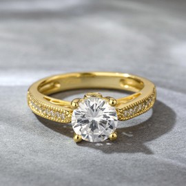 Jeulia Women Sterling Silver Ring:Classic Round Cut Cubic Zirconia Gold Plated Promise Engagement Ring Diamond Eternity Band Jewellery Gift for Wife Her