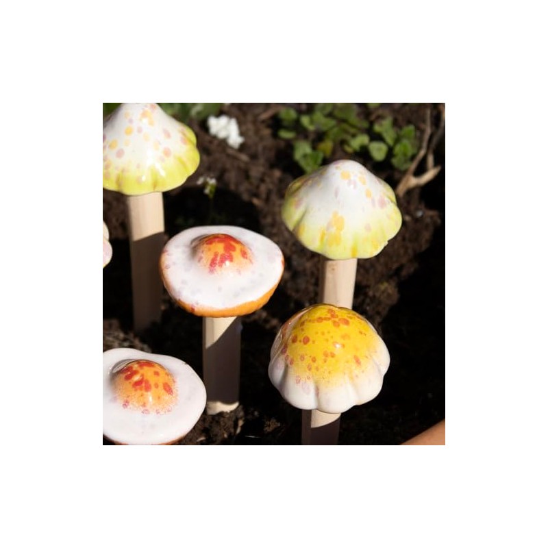 Set Of 6 Ceramic Toadstool Stakes Mini Garden Mushroom Pot