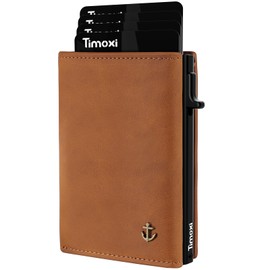 Timoxi Credit Card Holder with Coin Compartment and Magnetic Switch Mini Wallet with RFID Protection Slim Wallet with Aluminium Alloy Card Box, Magnetic Brown, Modern