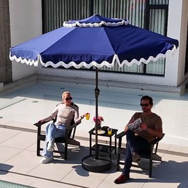 Patiokingdom 9FT Patio Umbrella with Fringe,Tassel Umbrella UPF 50+ & Push-Button Tilt,Rust-Resistant Fiberglass Frame for Pool,Garden,Backyard,Yard (Navy)