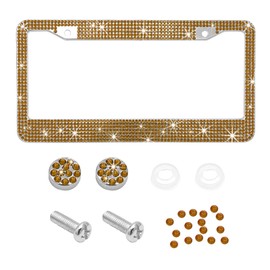 Ohleats Car License Plate Frame, Sparkling Stainless Steel License Plate Frame, Bling Diamond License Plate Holder Cover for Women Men, Universal Exterior Car Accessories (Coffee)