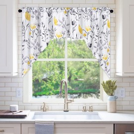 Likiyol Floral Swag Curtains Watercolor Flower Leaves for Kitchen Swag Curtain, Yellow and Gray Swag Valances, Rod Pocket Small Window Curtain for Cafe Bathroom Bedroom Drapes