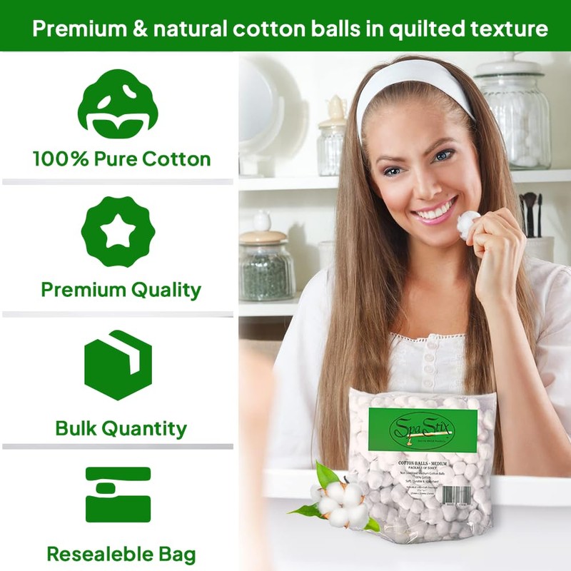 Spa Stix Cotton Balls. 500 Count Medium Size. Non Sterile