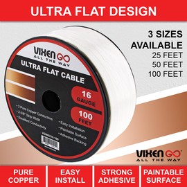 VIXEN GO Hidden Flat Wire 2 Conductor 16 Gauge Paintable Cable for LED Lighting, Smart Doorbell, Audio Speakers, Low Voltage Appliances 100FT
