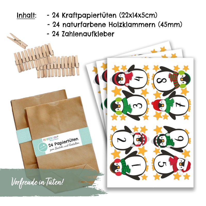 Papierdrachen DIY Adventskalender Kraftpapier Set - Pinguine zum Aufkleben -