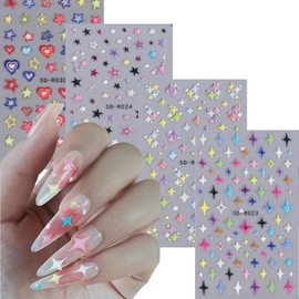 5D Embossed Star Nail Art Stickers Star Nail Decals Self-Adhesive Pegatinas Uñas Colorful Nail Supplies Heart Nail Stickers for Women Girls Manicure 4Sheets