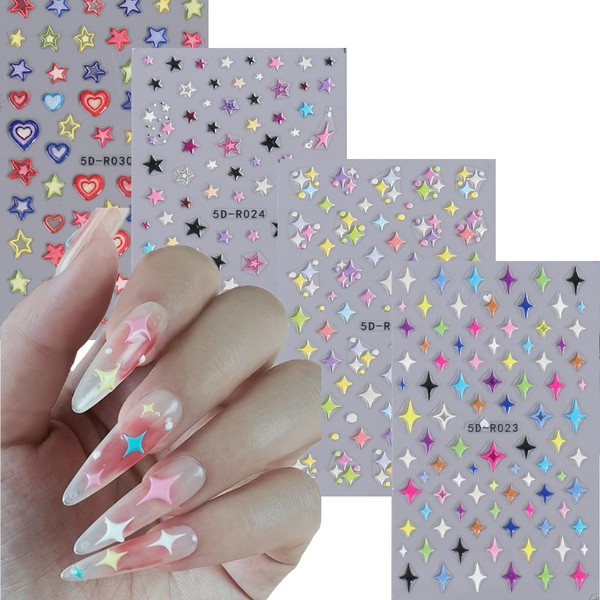 5D Embossed Star Nail Art Stickers Star Nail Decals Self-Adhesive