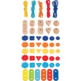 goki 58677 My Colourful Threading Game Beads Diameter 2.5 cm, Wood, Felt, 48 Pieces for Threading, 5 Cords, Colourful