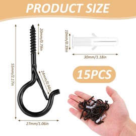cxxtkcxxlc 15 Screw Hooks, Black, Stainless Steel Screw Hooks with Safety Buckle, Screw-In Hooks for Plants, Bird Feeders, Wind Chimes and Fairy Lights