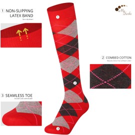 Mysocks Knee High Socks for Women and Men - Breathable Combed Cotton Seamless Toe Argyle Unisex Long Socks - Casual Knee Length Golf Socks