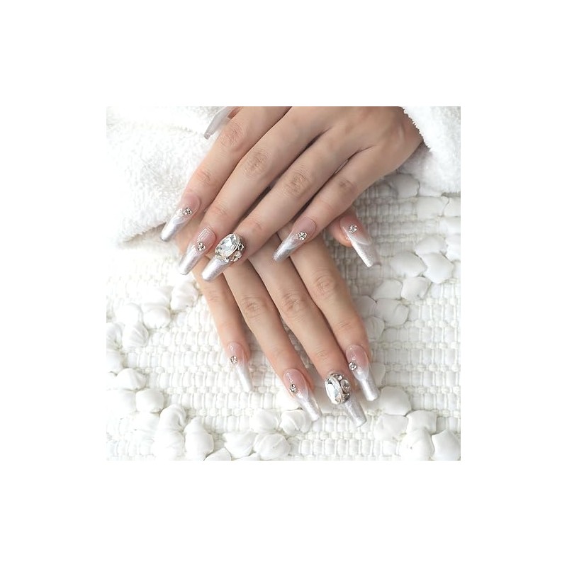 GLORS Press On Nails, Long Ballerina Coffin Shape, Silver Glitter