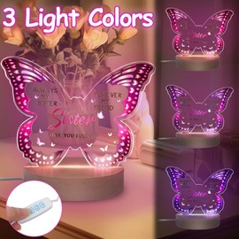 Minicloss Sister Butterfly Shaped Gifts Acrylic Plaque Present Butterfly Acrylic Night Light with Wooden Base, Birthday Gifts for Sister Women Friends Birthday
