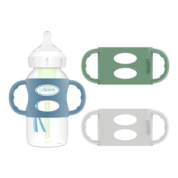 Dr. Brown’s® Milestones™ 100% Silicone Baby Bottle Handles, Wide-Neck, Light Blue, Green, Gray, 3 Pack, 4m+