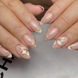 24Pcs French Tip Press on Nails Short Almond Fake Nails Spring Flower Glue on Nails Gold Edge Cherry Blossom False Nails Glitter French Nails Tip Artificial Acrylic Nails Pink Stick on Nails for Women