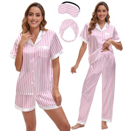 EPLAZA 3 Piece Silk Pajamas for Women Set Satin Pajama Short Sleeve Button Down Cute Silk Pjs Sets Loungewear Sleepwear (Pink-striped, S)