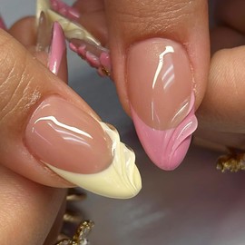 FNKFNK Flower Press on Nails Medium Almond Fake Nails with 3D Design Pink Yellow French Tip Glue on Nails Glossy Reusable Summer Texture Flower False Nails for Women 24Pcs