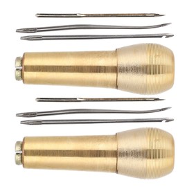 Punzón de costura de piel de lona, punzón de aguja de coser de piel cosido a mano con 2 piezas de mango de cobre y 6 agujas para reparación de zapatos de piel hecho a mano