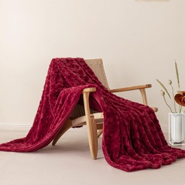 Sophia & William Burgundy Brushed Faux Fur Throw Blanket for Couch - Cozy, Soft, Lightweight, Hypoallergenic Fabric with Rumpled Floral Pattern Seasons (60x80”, Burgundy)