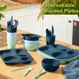 Tanlade 24 Pcs Wheat Straw Dinnerware Cutlery Sets, Kids Toddlers Divided Plates Unbreakable Bowl Microwave Dishwasher Safe Tableware Cutlery Spoon Knife Fork Cup (Dark Blue, Dark Green, Blue, Green)