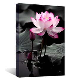 QIXIANG Zen Canvas Wall Art Pink Lotus Flower Paintings Black White and Pink Floral Water Lily Picture for Bathroom Wall Decor Framed (12.00" x 18.00", Lotus Flower 3)
