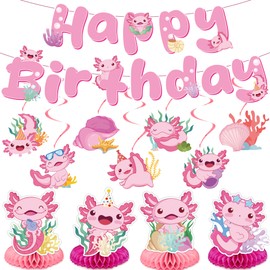 Axolotl Birthday Party Decorations Banner - 12 Pcs Pink Decoration Happy Birthday Banner Backdrop Axolotl Hanging Swirls Cute Animals Table Honeycombs Centerpieces Favors for Girl Party Supplies