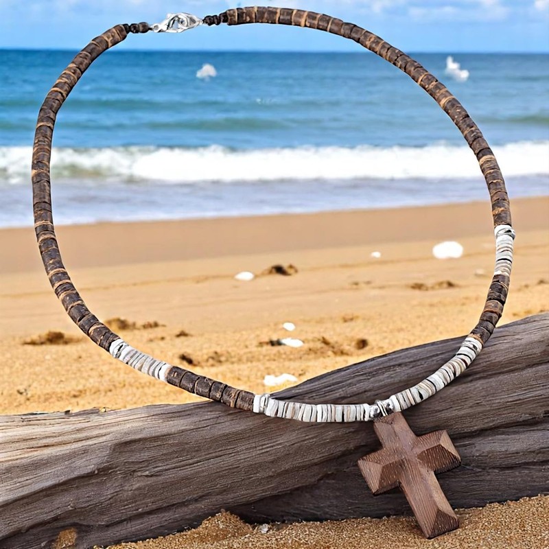 BlueRica Wood Cross Pendant on Coconut Beads and Puka Shell