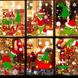 8 Sheets Xmas Window Stickers Xmas Window Clings Large Cute Double-Sided Colorful Window Stickers Xmas Scene Snowflake Window Stickers Decorations Xmas Window Decals for Glass