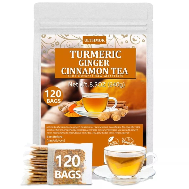 ULTHMOK Turmeric Ginger Cinnamon Tea 120Bags No Additive Support Brain