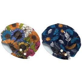 DELORIGIN 2PCS Sunflower Leaves Bouffant Scrub Caps Adjustable Working Cap Cotton Scrub Nursing Doctor Surgeon Cap With Button and Sweatband Breathable Unisex Elastic Bandage Hat for Cooking Housework