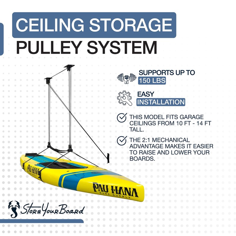 StoreYourBoard Standup Paddleboard and Surfboard Ceiling Storage Pulley System, Garage