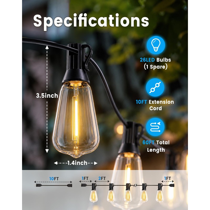 TONGZESS 60FT(50+10) String Lights Outdoor, 2FT Bulb Spacing, Waterproof Shatterproof
