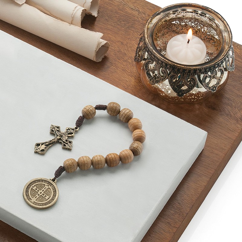 Intercession St Benedict Wood One Decade Rosary, 10mm Beads
