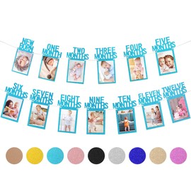 Whaline 1st Birthday Baby Photo Banner for Newborn to 12 Months, Monthly Milestone Photograph Bunting Garland, First Birthday Celebration Decoration (Blue)