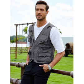 Gihuo Men's Lightweight Casual Vest Outdoor Work Fishing Zipper Travel Vest (US, Alpha, Medium, Regular, Regular, Grey)